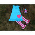 2015 new baby girl blue & hot pink stripe pant set outfits with matching necklace and bow